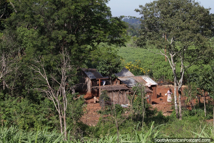 Wooden shack houses in a clearing in the dense forest around Pozo Azul, Misiones. (720x480px). Argentina, South America.