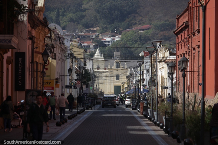 Center of Salta looking up the street to the church and San Bernardo's Hill. (720x480px). Argentina, South America.