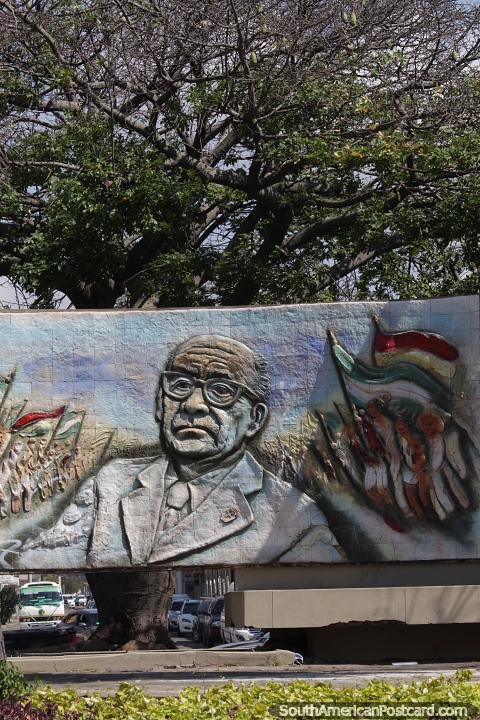 Large painted ceramic mural of Dr. Melchor Pinto Parada (1903-1983), politician and activist, in Santa Cruz. (480x720px). Bolivia, South America.