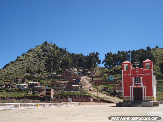 Cerro Calvario mountain and Capilla - Del Senor de la Cruz de Colquepata church in Copacabana. (640x480px). Bolivia, South America.