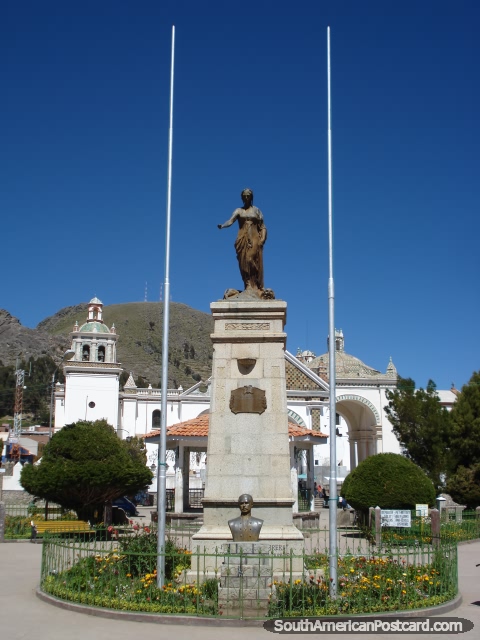 Copacabana plaza statues with cathedral in the background. (480x640px). Bolivia, South America.