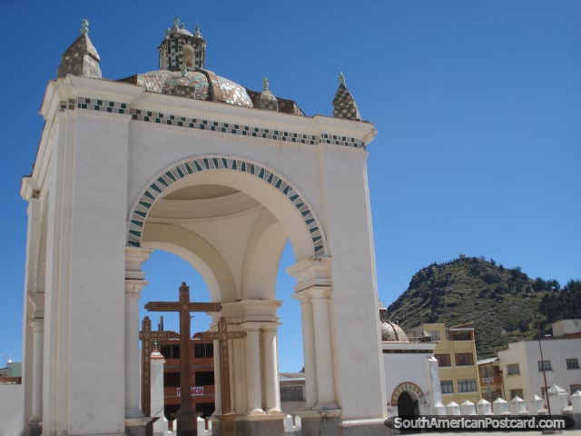 Outside the cathedral in Copacabana is this amazing structure with crosses and archways. (640x480px). Bolivia, South America.
