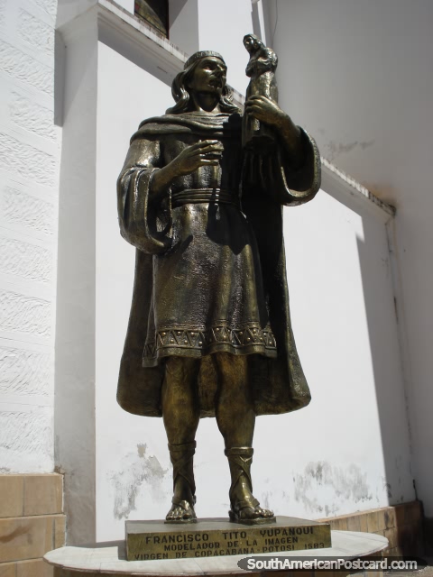 Statue of Francisco Tito Yupanoui outside the cathedral in Copacabana, a descendent of Inca royalty. (480x640px). Bolivia, South America.