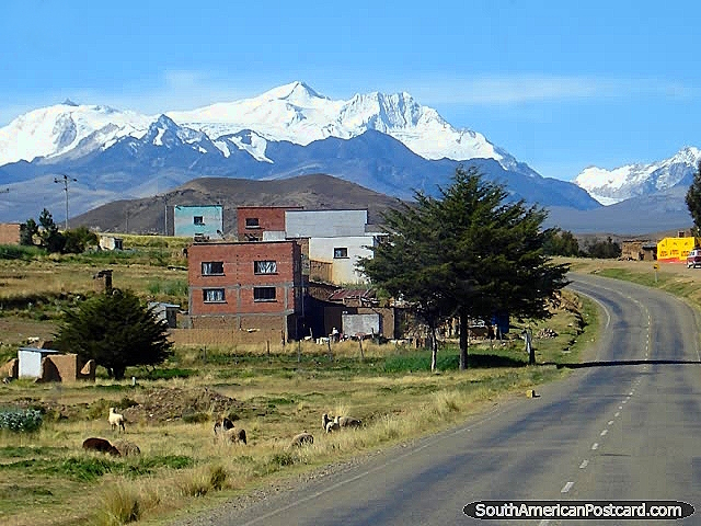 The road and snow-capped mountains between Copacabana and La Paz. (640x480px). Bolivia, South America.