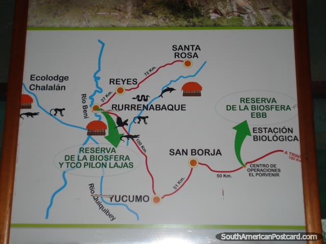 Mapa de Rurrenabaque, Reyes, Santa Rosa, San Borja e área de Yucumo. (640x480px). Bolívia, América do Sul.