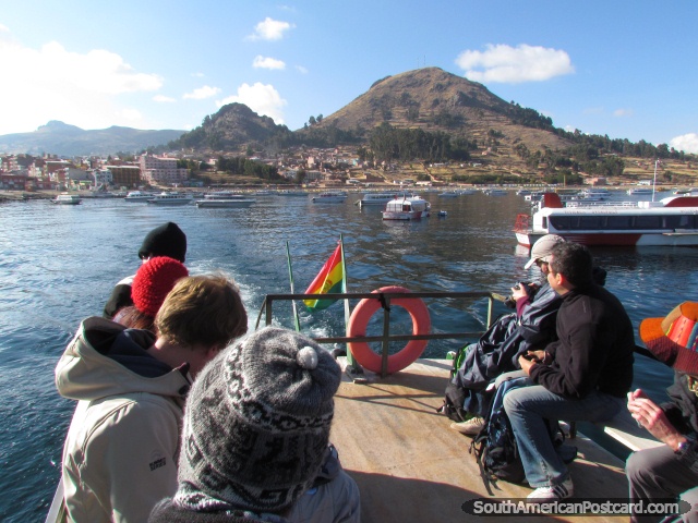 Boat leaves Copacabana to take us to the Island of the Sun. (640x480px). Bolivia, South America.