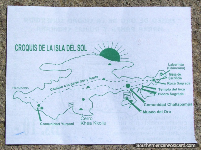 Map of the Island of the Sun at Lake Titicaca of important sights to see. (640x480px). Bolivia, South America.