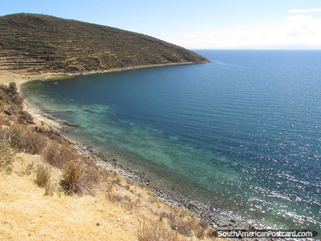 Amazing green blue water for swimming on Isla del Sol, Lake Titicaca. (640x480px). Bolivia, South America.