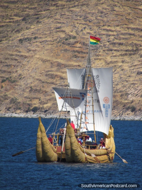 Dragon boat sets sail on Lake Titicaca from Isla del Sol. (480x640px). Bolivia, South America.