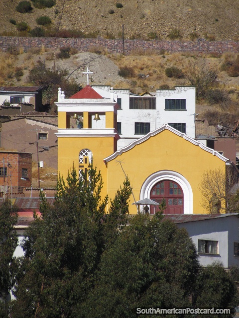 Yellow church in San Pablo de Tiquina beside Lake Titicaca. (480x640px). Bolivia, South America.