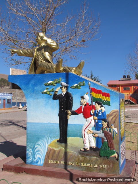 Monument of Don Eduardo Avaroa in San Pablo de Tiquina at Lake Titicaca. (480x640px). Bolivia, South America.