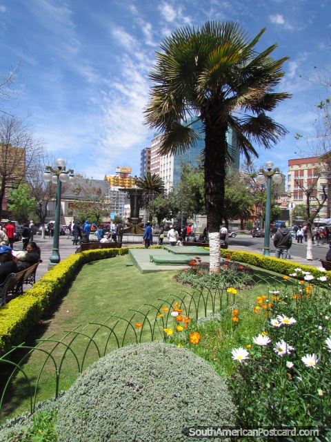 Belo parque, jardim e flores em La Paz rua principal. (480x640px). Bolvia, Amrica do Sul.