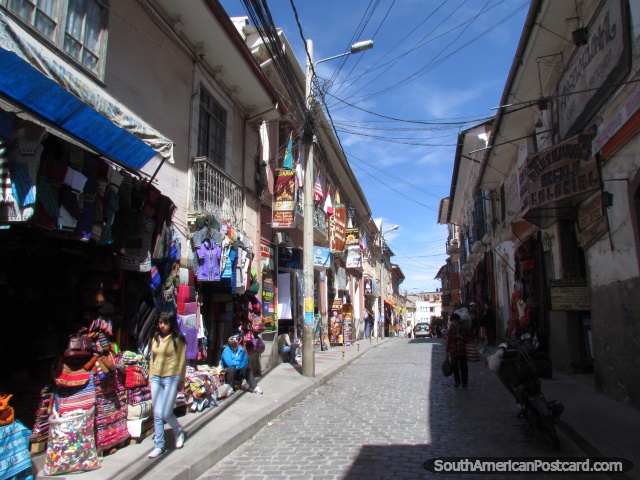 Cobblestone street and shops in La Paz. (640x480px). Bolivia, South America.