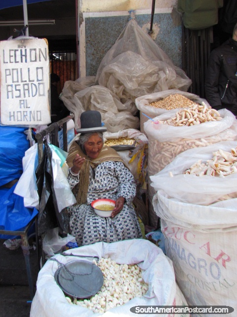 Snacks sold from big sacks in La Paz markets. (480x640px). Bolivia, South America.