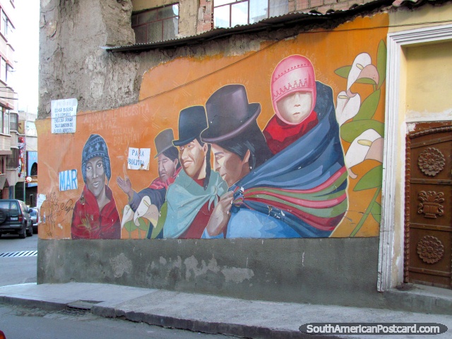 Pintura mural de personas Indigenous en una pared en La Paz. (640x480px). Bolivia, Sudamerica.