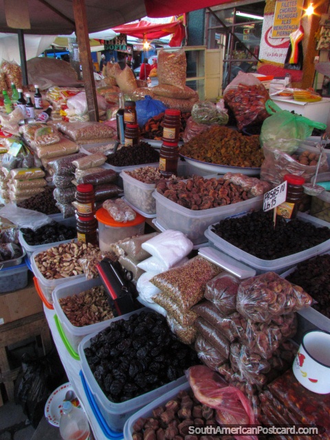 Yummy dried fruit for sale at Mercado Rodriguez in La Paz. (480x640px). Bolivia, South America.