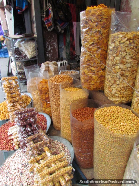 Nuts and banana chips on sale in La Paz streets. (480x640px). Bolivia, South America.