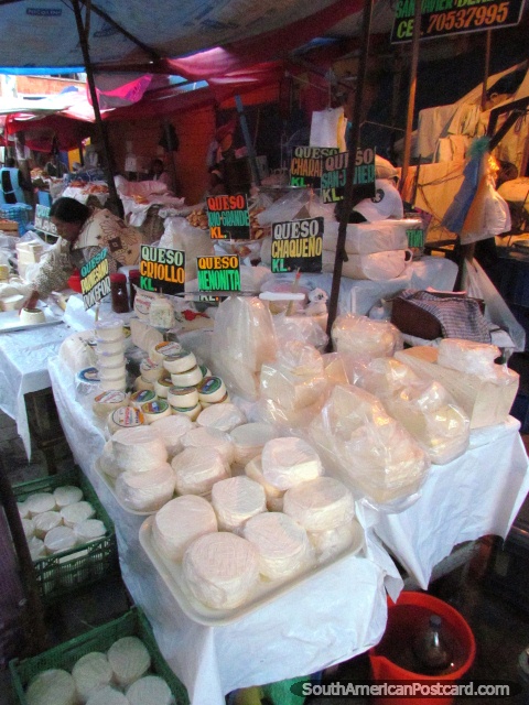 All kinds of cheese (queso) to buy at La Paz markets. (480x640px). Bolivia, South America.