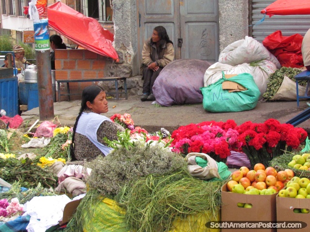 La mujer vende flores y otros productos en el mercado de La Paz. (640x480px). Bolivia, Sudamerica.