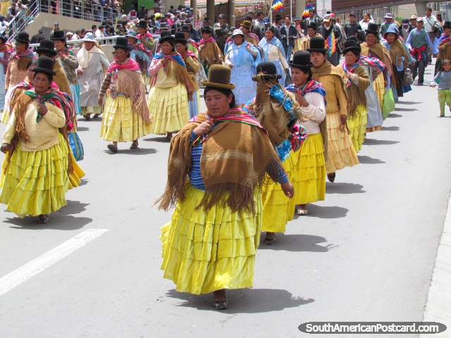 Hat ladies, yellow dresses, La Paz. (640x480px). Bolivia, South America.