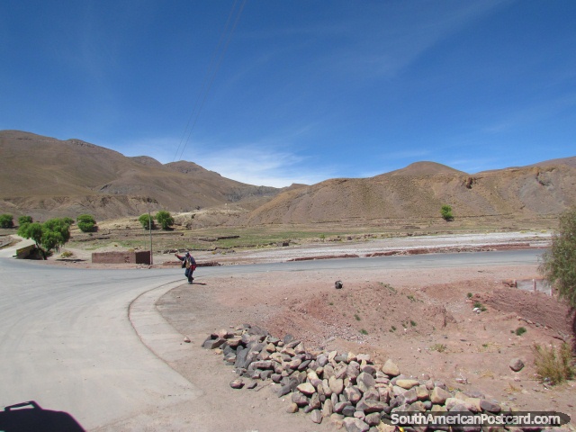 El hombre local aclama el autobs en Tica Tica. (640x480px). Bolivia, Sudamerica.
