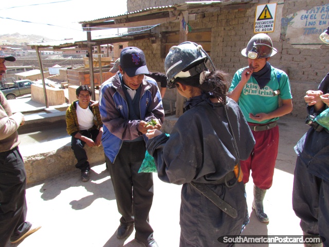 Sharing coca leaves with the miners at Cerro Rico mines in Potosi. (640x480px). Bolivia, South America.