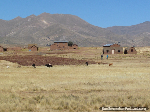 Um grupo de casas da fazenda de tijolo pela lama simples, terra e montanhas entre La Paz e Desaguadero. (640x480px). Bolvia, Amrica do Sul.