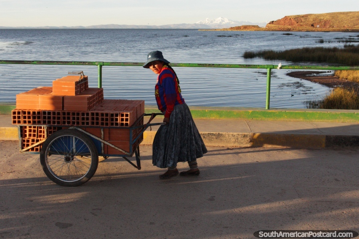 Uma mulher empurra uma carreta de tijolos atravs da ponte de borda em Desaguadero. (720x480px). Bolvia, Amrica do Sul.