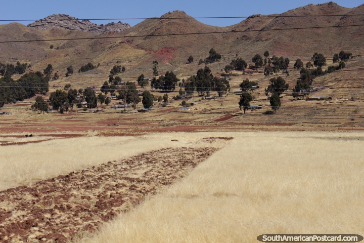 Grass fields and a community on the hills between Desaguadero and Tiwanaku. (720x480px). Bolivia, South America.