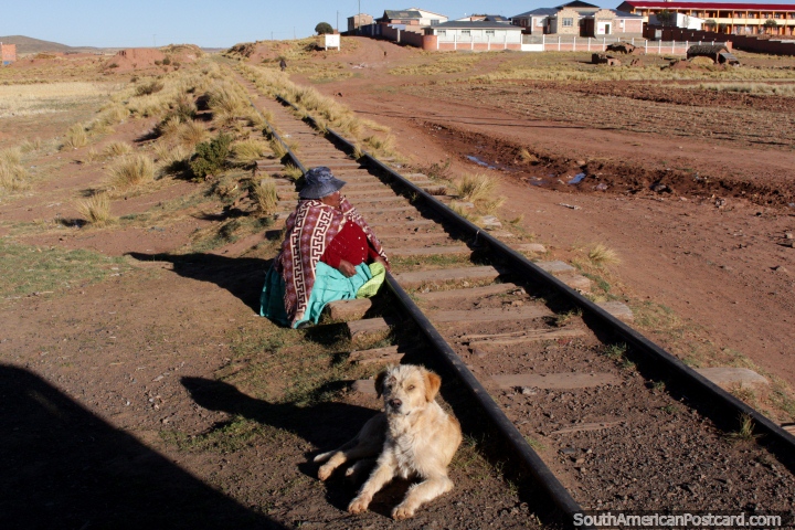 Una mujer y su perro se sientan al lado de las vas del tren entre Tiahuanaco y La Paz. (720x480px). Bolivia, Sudamerica.