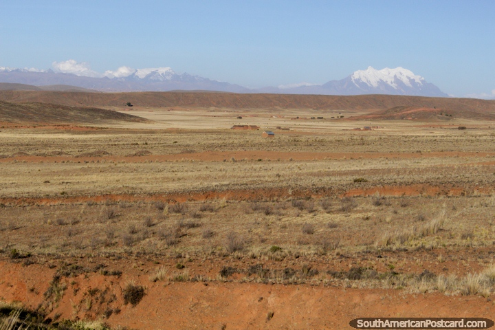 Snow-capped mountains in the distance between Tiwanaku and La Paz. (720x480px). Bolivia, South America.