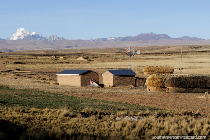 Casas feitas de tijolo e feno, um moinho de vento, montanhas atrs, entre Tiwanaku e La Paz. (720x480px). Bolvia, Amrica do Sul.