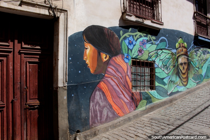 A mural of an indigenous girl in the witches market in La Paz. (720x480px). Bolivia, South America.