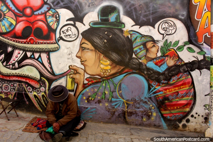 Mural of an indigenous woman carrying a baby who is throwing coca leaves, La Paz. (720x480px). Bolivia, South America.