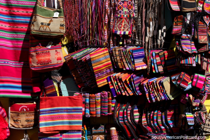 Bags, purses and things for sale, multicolored items in La Paz. (720x480px). Bolivia, South America.