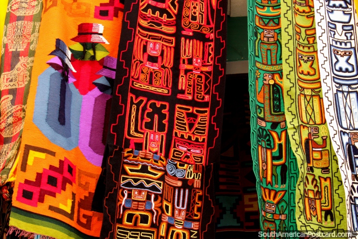 Beautiful and bright colored wall-hangings for sale in La Paz. (720x480px). Bolivia, South America.