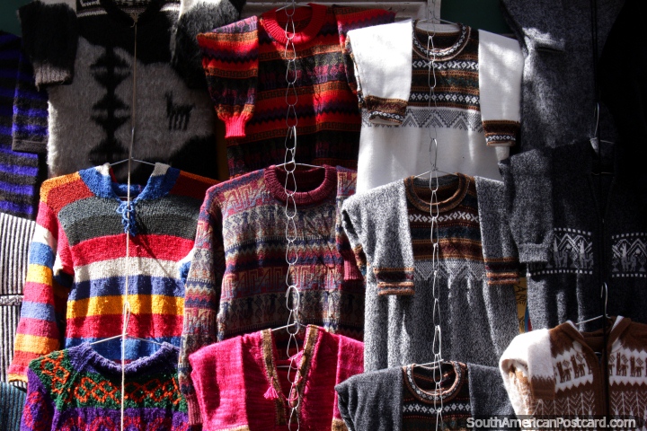Woolen jerseys to keep you warm in the highlands, for sale in La Paz. (720x480px). Bolivia, South America.