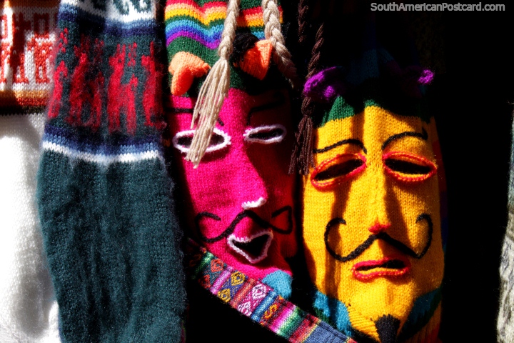 Yellow balaclava and a pink twin, full head warmth, for sale in La Paz. (720x480px). Bolivia, South America.