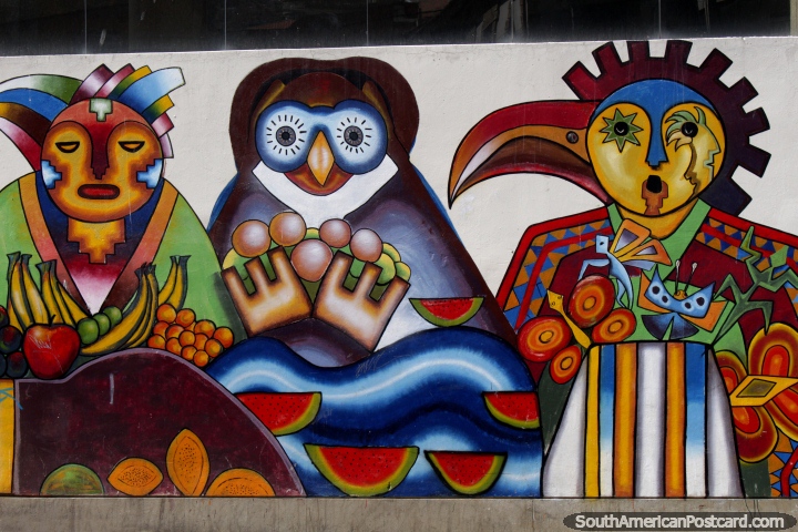 Mural of 3 fantastic figures with interesting designs in La Paz. (720x480px). Bolivia, South America.