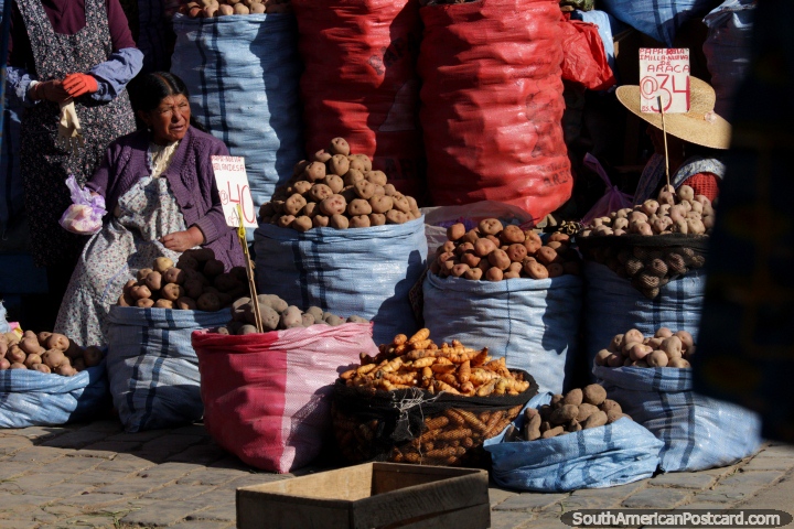 Sacos cheios de batatas de venda em Mercado Rodriguez, o mercado de alimentos em La Paz. (720x480px). Bolvia, Amrica do Sul.