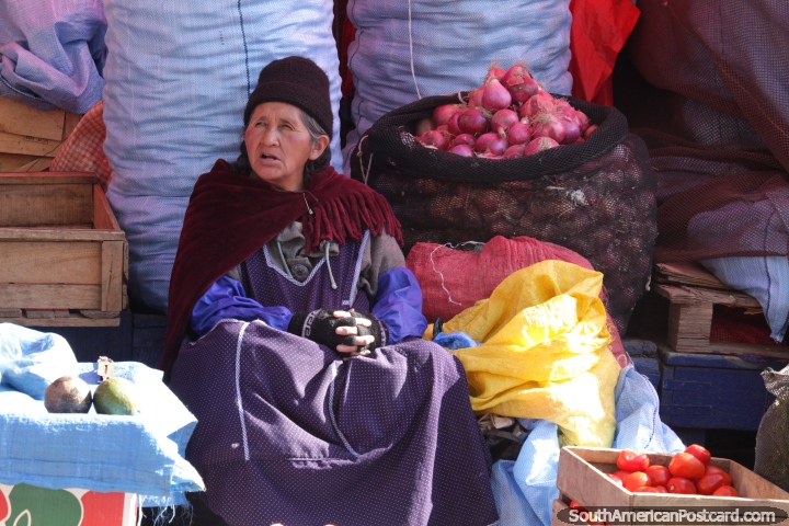 Esta mujer tiene cebollas y tomates para vender en los mercados de alimentos de La Paz. (720x480px). Bolivia, Sudamerica.