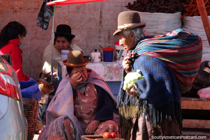 Algumas senhoras de chapu que trabalham em Mercado Rodriguez em La Paz. (720x480px). Bolvia, Amrica do Sul.