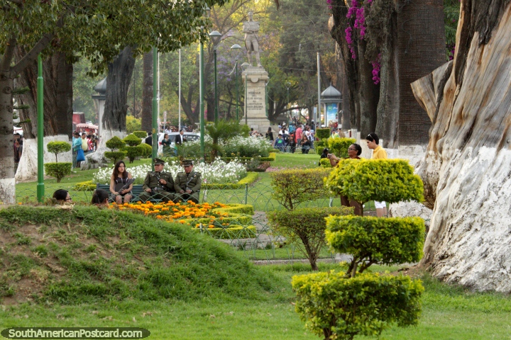 Long green park in central Cochabamba, a distant Simon Bolivar statue. (720x480px). Bolivia, South America.