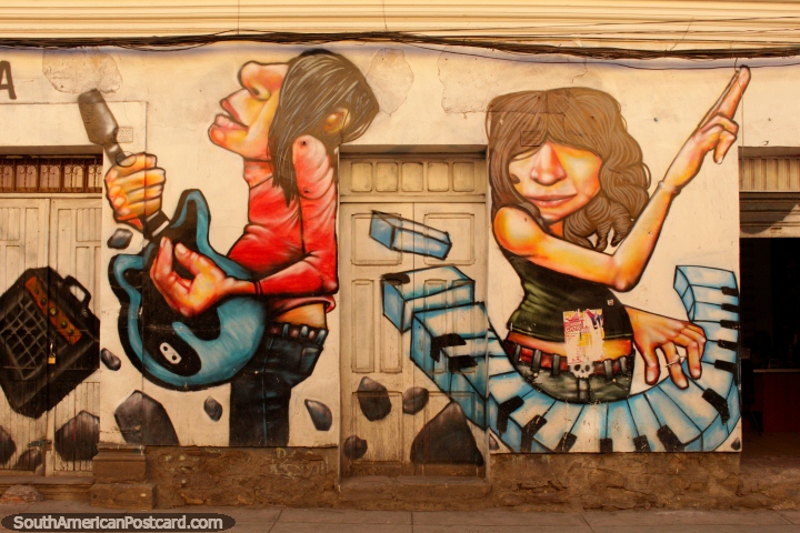 Um guitarrista e keyboardist, mural de parede em Cochabamba. (720x480px). Bolvia, Amrica do Sul.