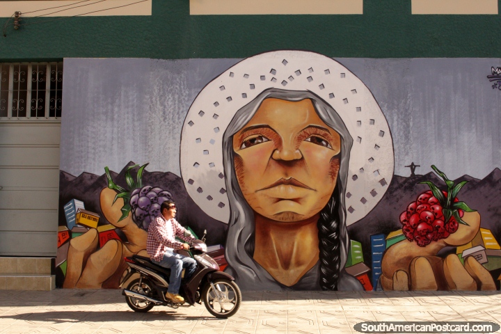 Gran mural de una mujer que sostiene las piñas hechos de cráneos en Cochabamba. (720x480px). Bolivia, Sudamerica.