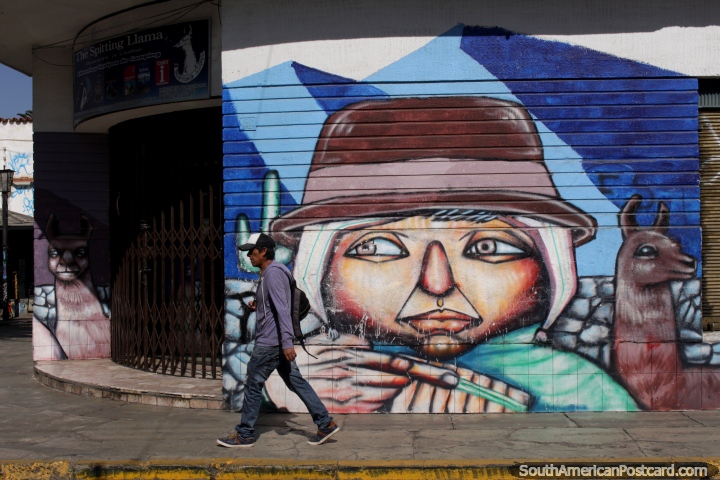 Figura indgena, uma lhama e cacto, mural em Cochabamba. (720x480px). Bolvia, Amrica do Sul.