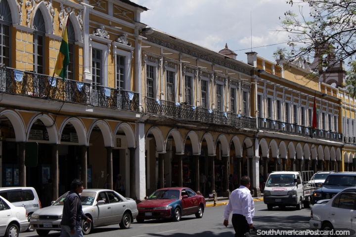 Balconies, archways and many windows in central Cochabamba, historical building. (720x480px). Bolivia, South America.