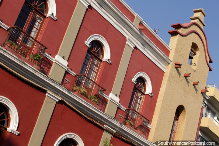 Beautiful red government building beside the main plaza in Tarija. (720x480px). Bolivia, South America.