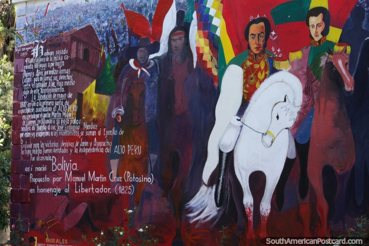 Mural de Simon Bolivar e Manuel Martin Cruz em Praça Lizardi em Tarija. (720x480px). Bolívia, América do Sul.