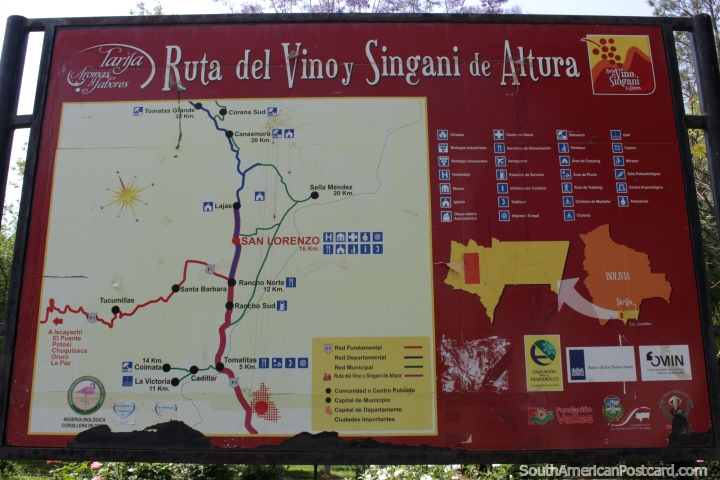 Mapa de la ruta del vino en lugares alrededor de Tarija. (720x480px). Bolivia, Sudamerica.